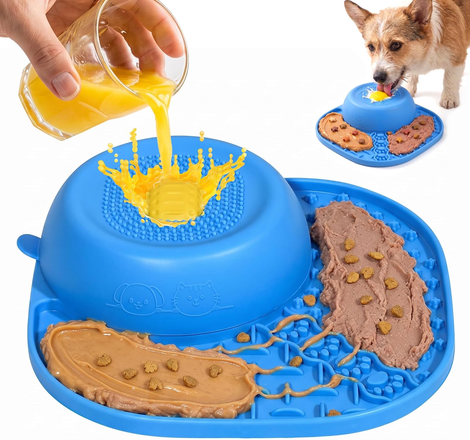 2-in-1 Slow Feeder Dog Bowl with Rolling Lick Ball (Blue)