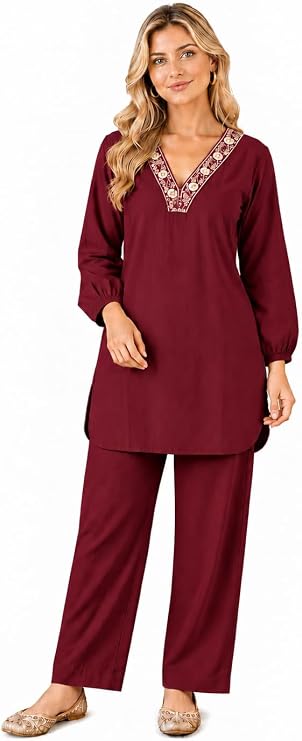 TRENDMALLS Women’s Viscose Floral Embroidered Kurta Top & Pants Co-Ord Set