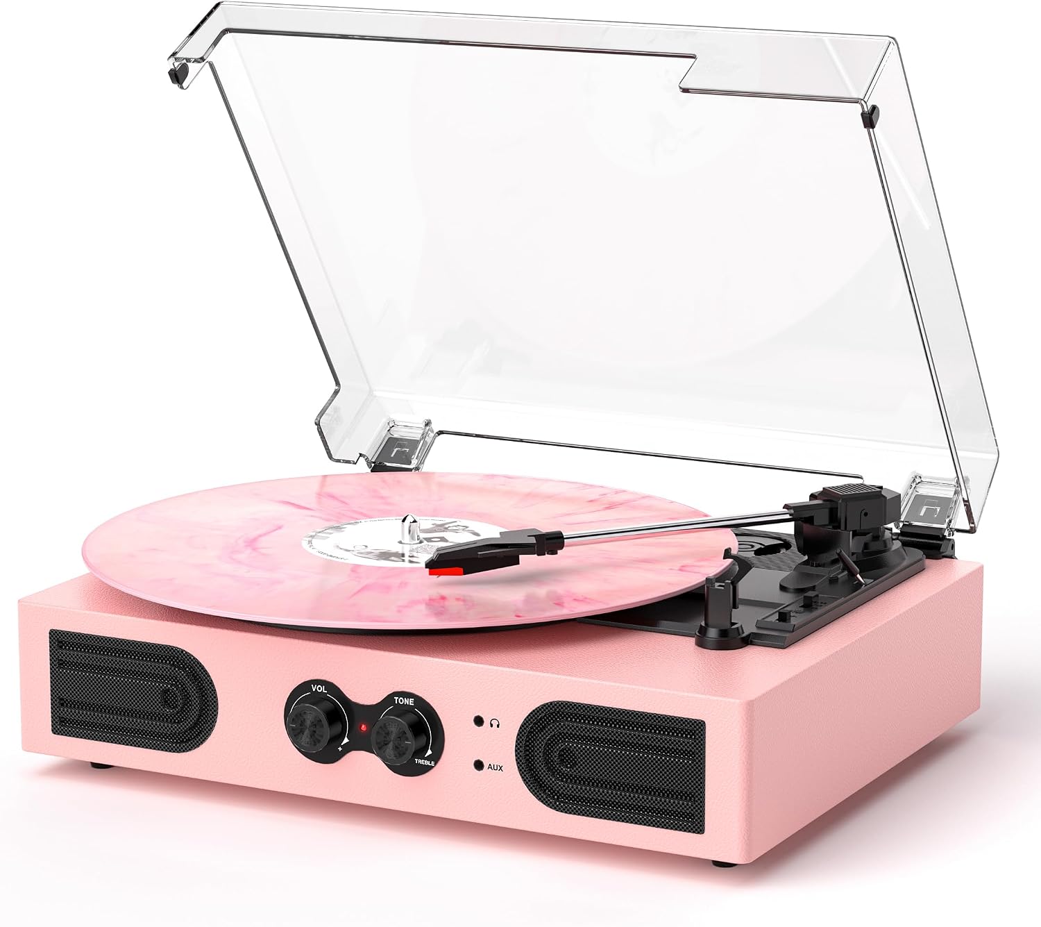 3-Speed Vinyl Record Player with Built-in Speakers & Tone Control (Pink)