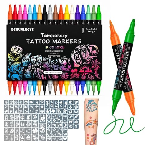 18-Color Temporary Tattoo Skin Markers Set with 96 Stencils