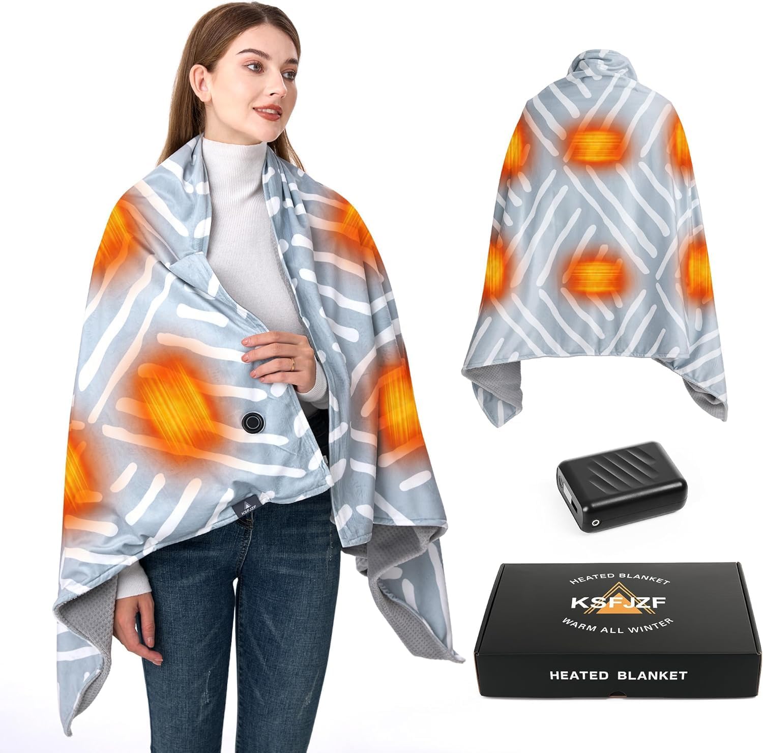 Cordless Heated Waffle Blanket with 20000mAh Power Bank (59″ x 35″)