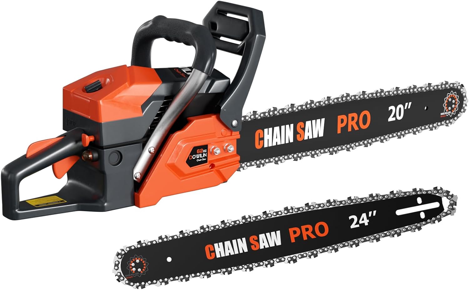 62cc Heavy-Duty Gas Chainsaw with 20″ & 24″ Interchangeable Bar Chains for Tree Cutting & Logging