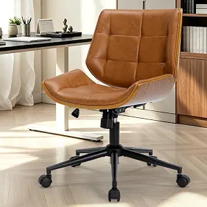 Brown PU Leather Mid-Back Swivel Office Chair (Armless & Adjustable Height)