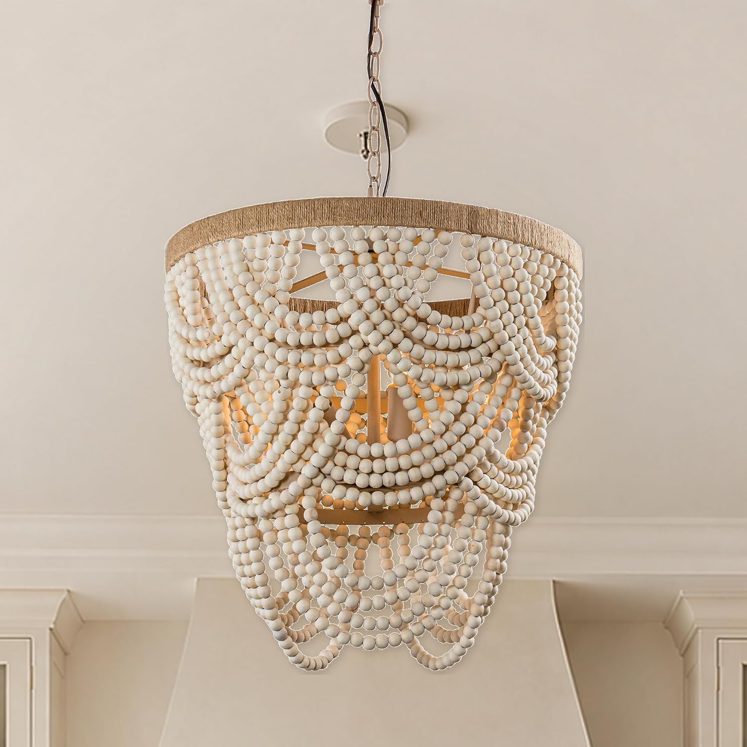 19.7″ Boho Wood Bead Semi-Flush Mount Chandelier