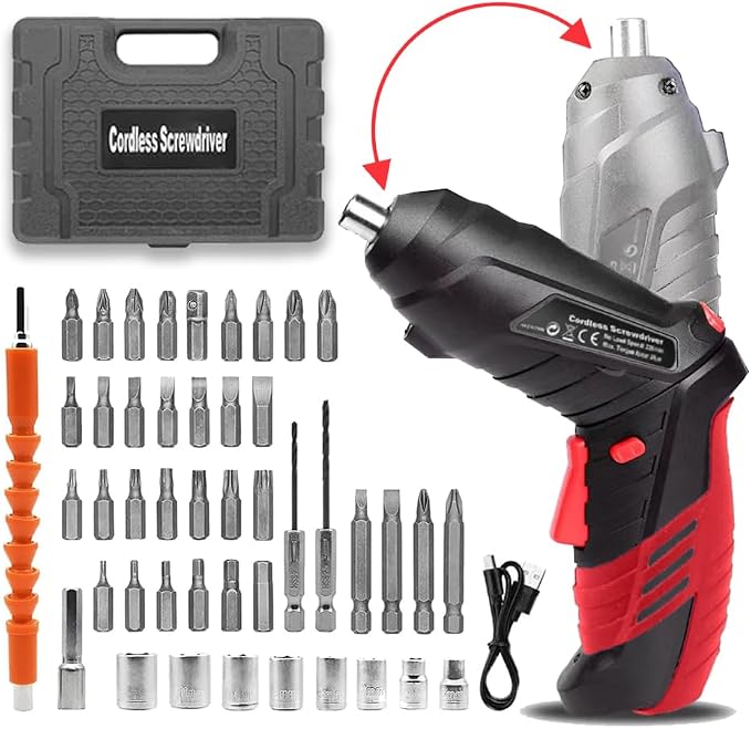 Cordless Rechargeable Power Screwdriver Set with 46-Piece Bits & Case (Red)