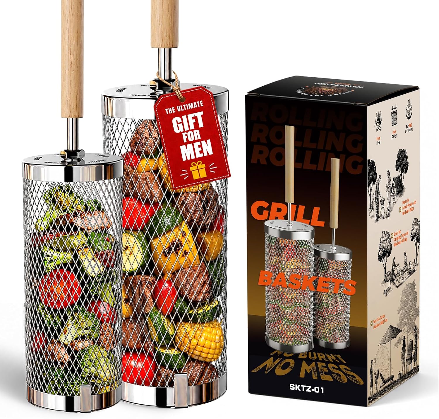 Rolling Grill Basket 2-Pack (Outdoor BBQ Accessories)