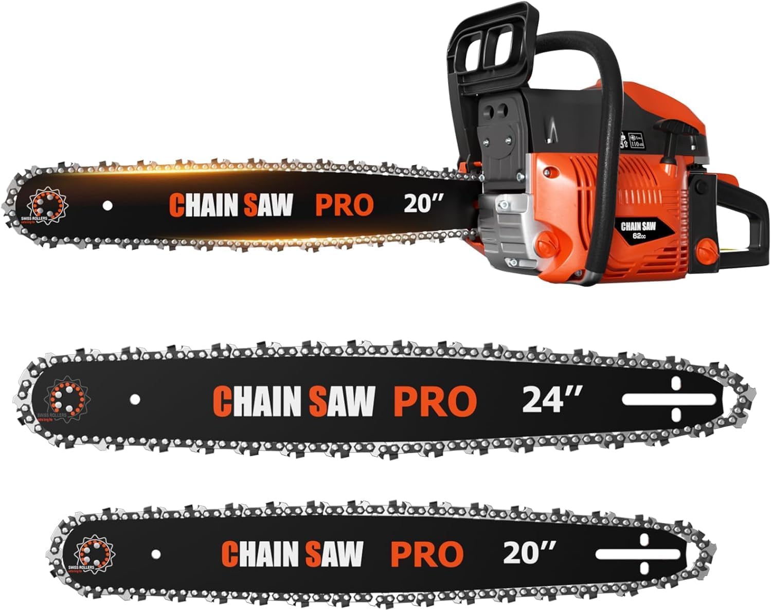 62CC Professional Gas Chainsaw with 20″ & 24″ Chainsaw Bars