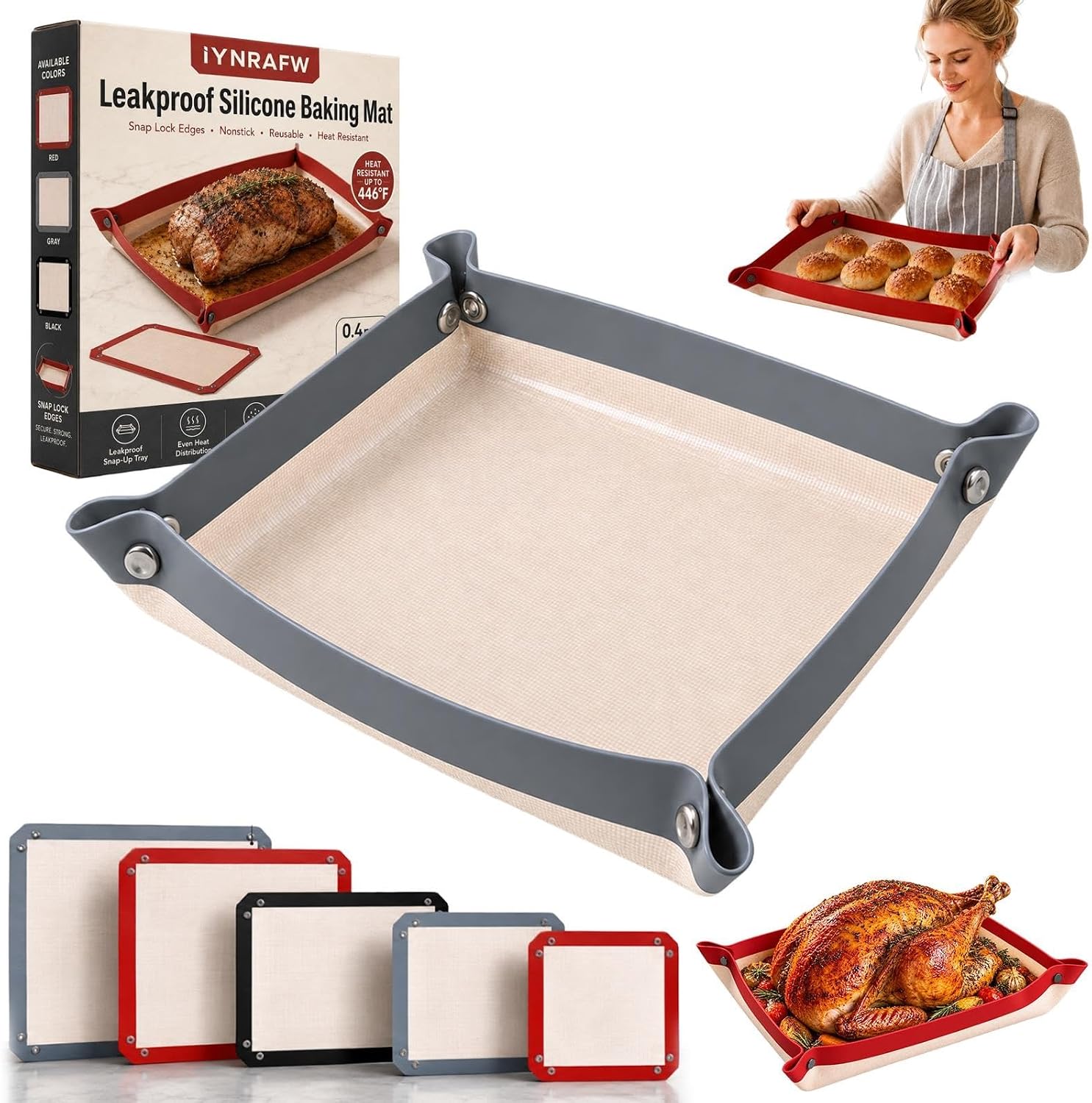 Leakproof Silicone Baking Mat with Snap-Lock Edges (Nonstick Oven Liners)