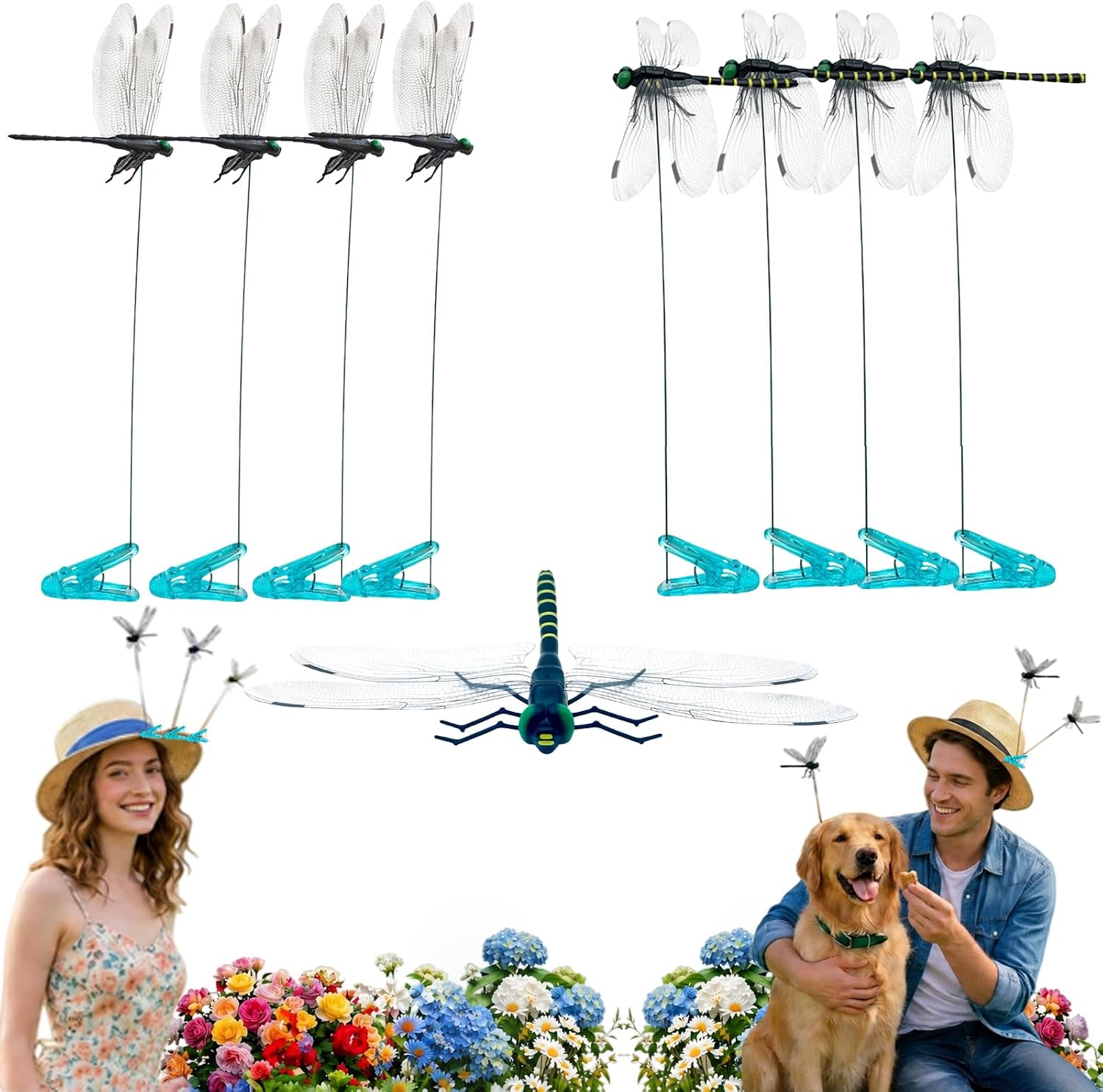 8-Pack Realistic 3D Dragonfly Clips & Garden Stakes (4 Dots + 4 Stripes Design)