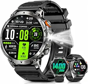 Rugged Military Smart Watch for Men with 1400mAh Battery & Built-in Flashlight