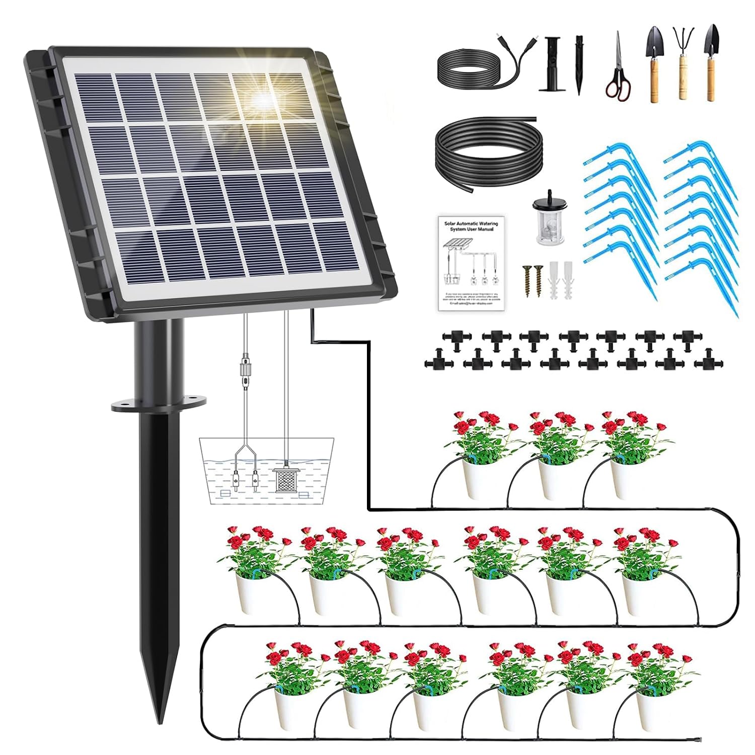 49FT Solar Drip Irrigation System Kit (Auto Watering for 15 Pots)