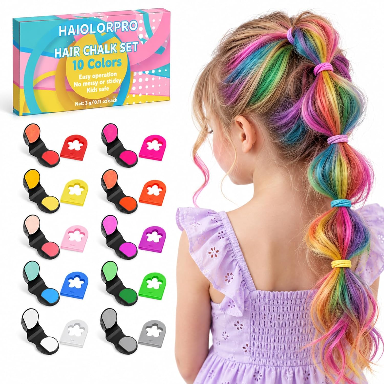 10-Color Temporary Hair Chalk Set for Girls (Halloween Hair Color)