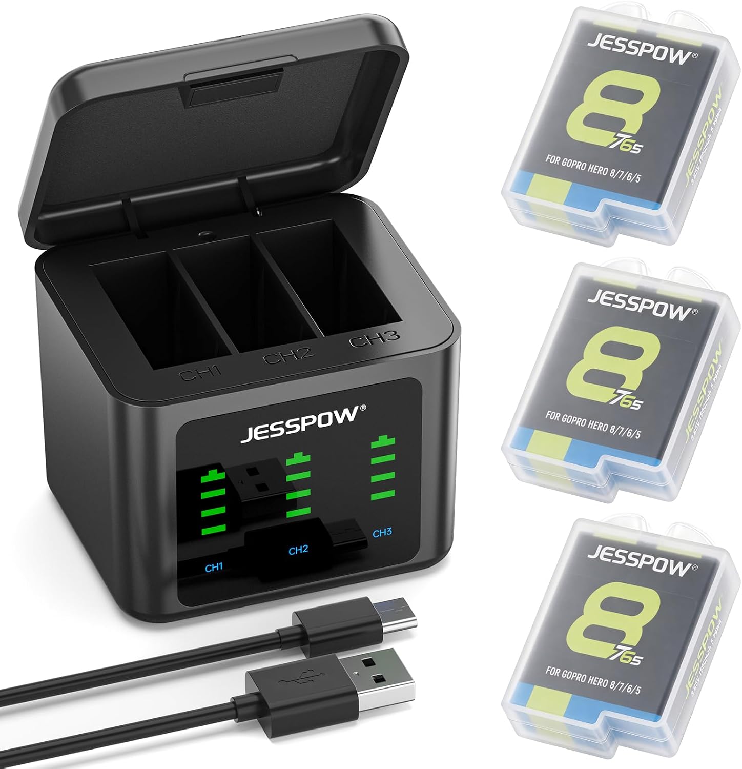 GoPro Hero 8/7/6/5 Black Battery (3-Pack) & 3-Channel LED USB Charger Set