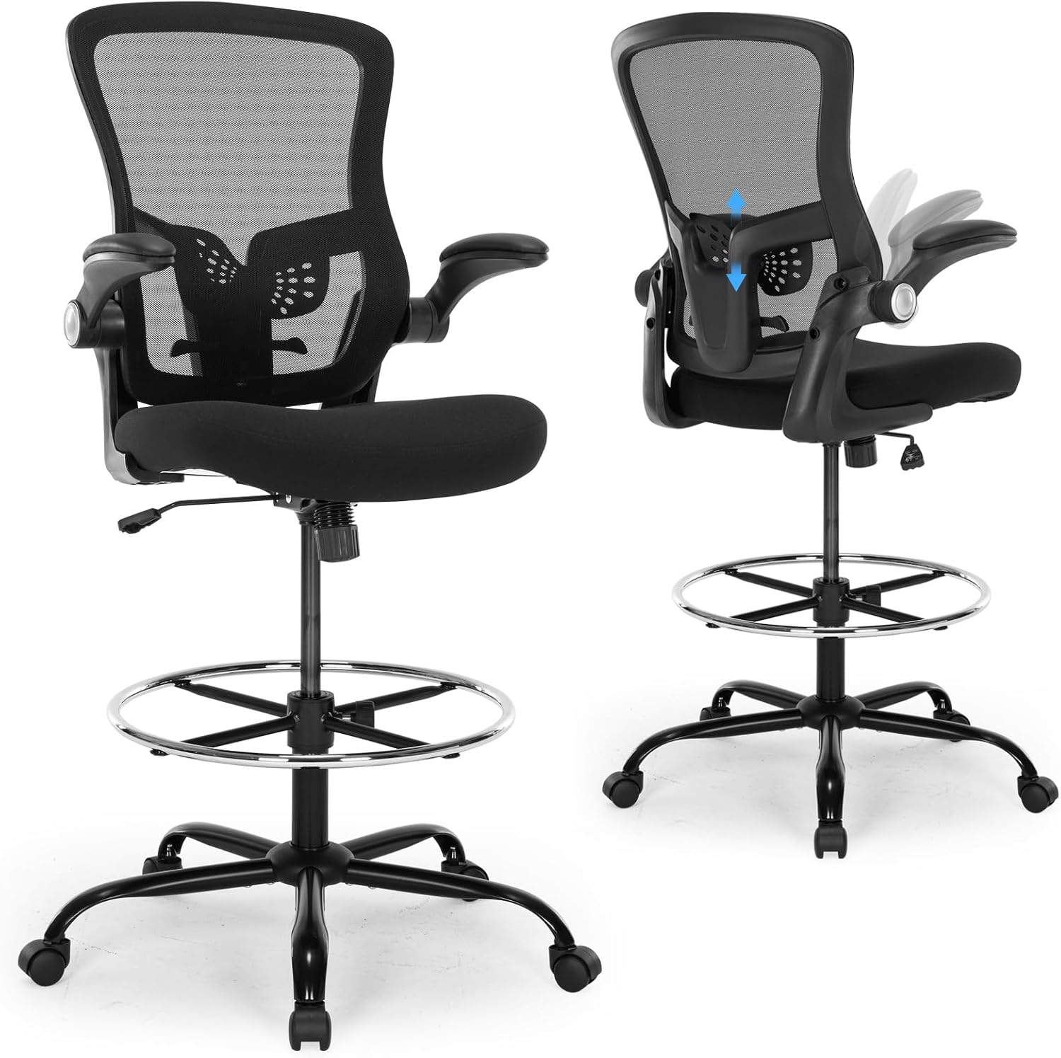 Ergonomic Tall Drafting Chair with Flip-Up Armrests & Adjustable Foot Ring (Black)