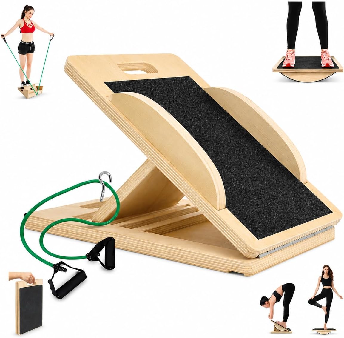 3-in-1 Portable Wooden Slant Board & Balance Board with Resistance Band