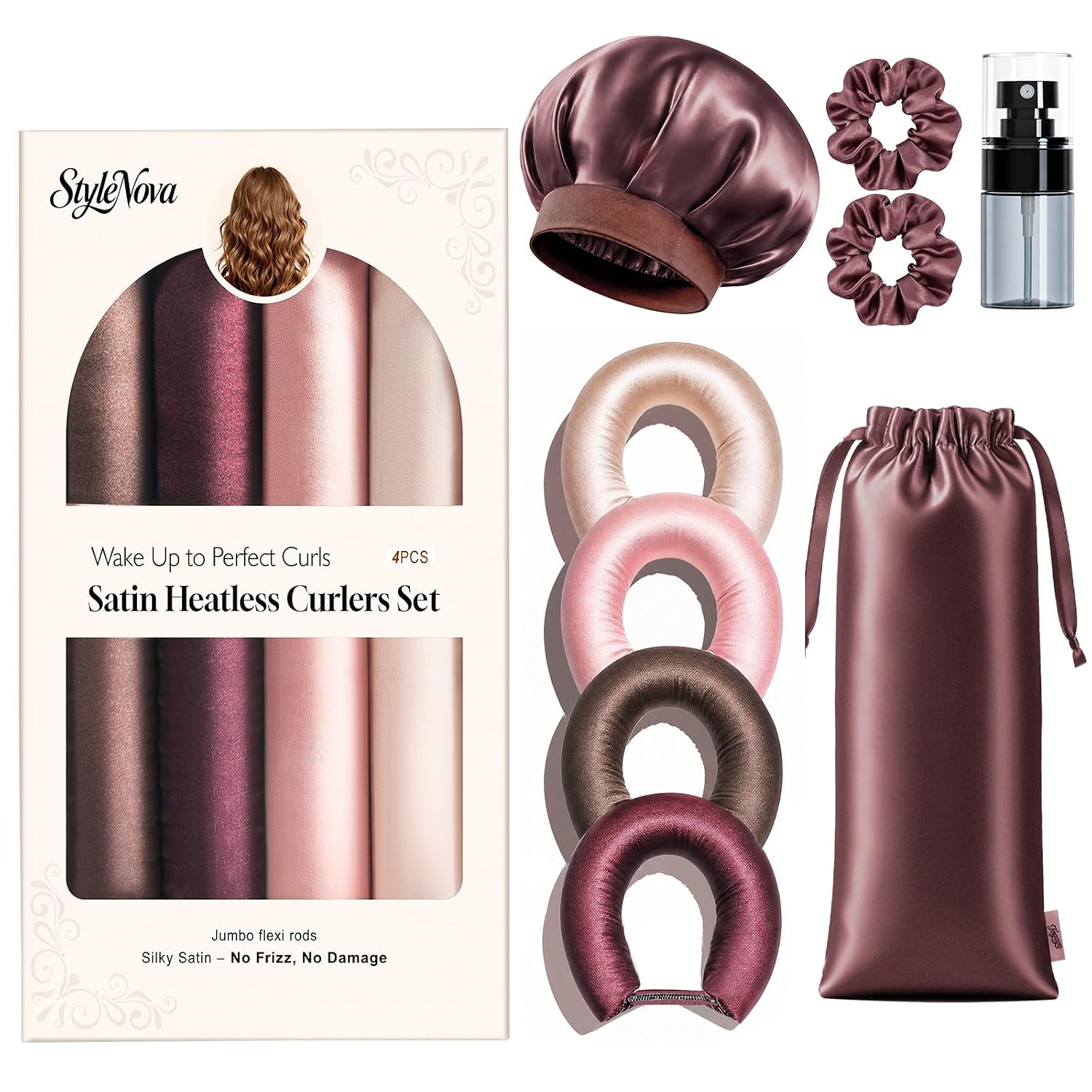 Satin Heatless Curling Set with Self-Grip Curlers & Silk Bonnet