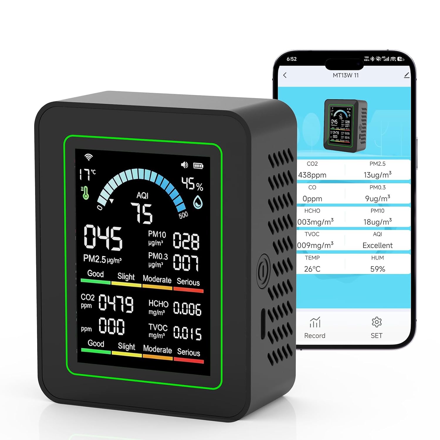 Smart 10-in-1 WiFi Indoor Air Quality & CO2 Monitor with App Control