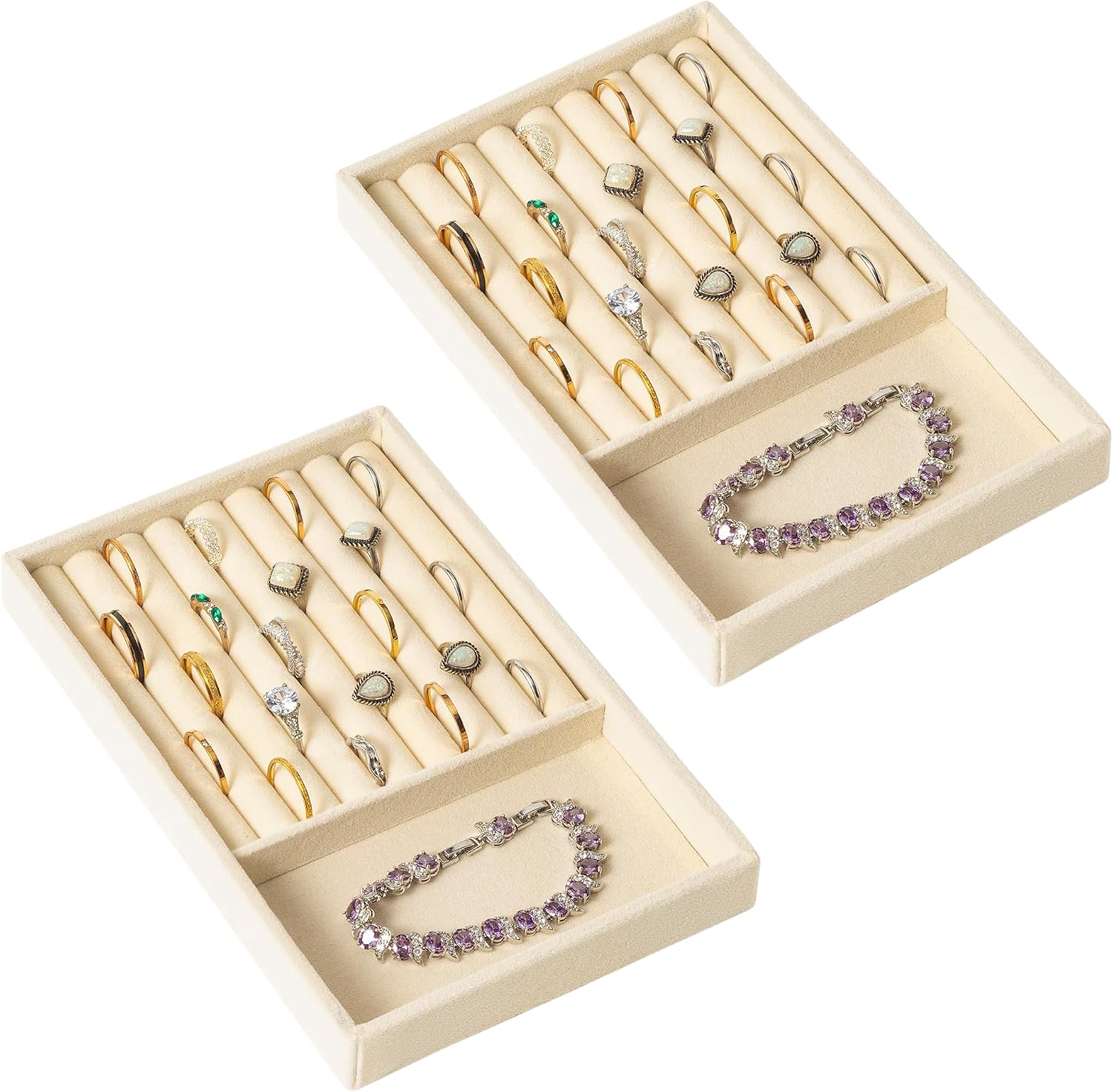 2-Piece Beige Velvet 8-Slot Ring & Jewelry Drawer Organizer Trays