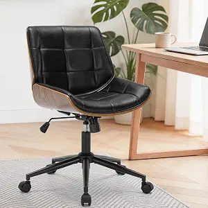 Armless Mid-Century Modern PU Leather Swivel Office Chair (Black/Walnut)